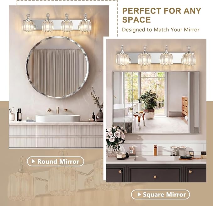 Chrome Light Fixtures, 4 Light Bathroom Vanity Light with 42pcs Crystal Sheet, 30in Modern Vanity Light, Bathroom Lighting Fixtures Over Mirror