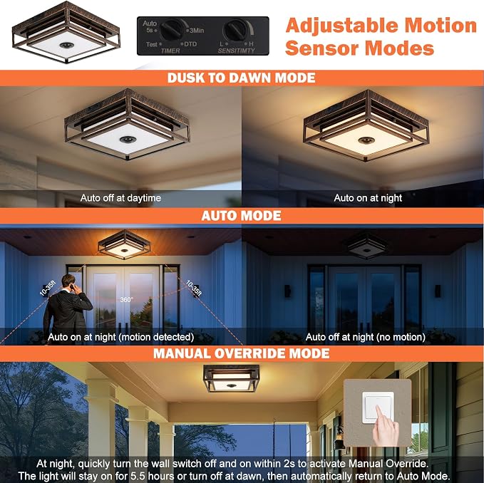 LED Motion Sensor Outdoor Ceiling Light Dusk to Dawn Black Brushed Gold | 10.5", Square, Flush Mount, Adjustable Color, Modern, Waterproof, for Exterior Porch Garage Entryway Patio