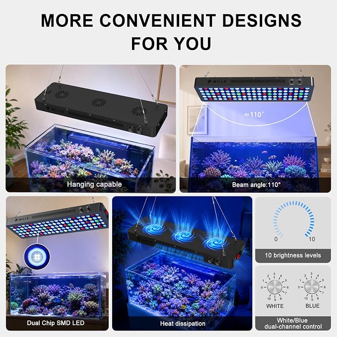 Wills Aquarium Light, 200W Full Spectrum LED Reef Lights, 28"x8.5"x2.4" | For Coral Saltwater Fish Tank, Blue/White Dual Dimmable Channels, 105 Premium SMD LEDs, Daisy Chain Design, Hanging Kit