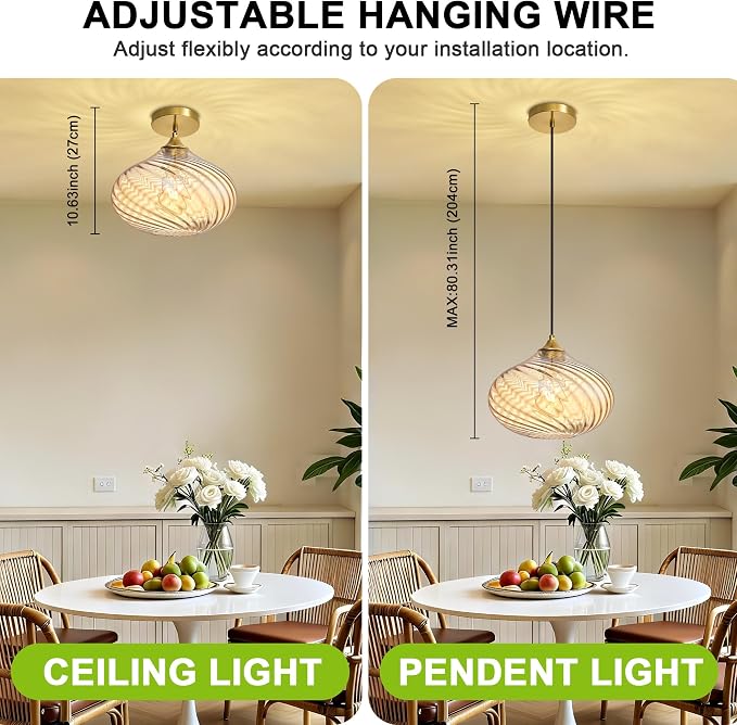 11in Gold Pendant Lights Kitchen Island with Amber Glass Shade 1Pack | Handcrafted Glass Pendant Light Fixtures, UL Certified, E26 Base 100W Max, Height-Adjustable, Dimmable Hanging Pendant Light