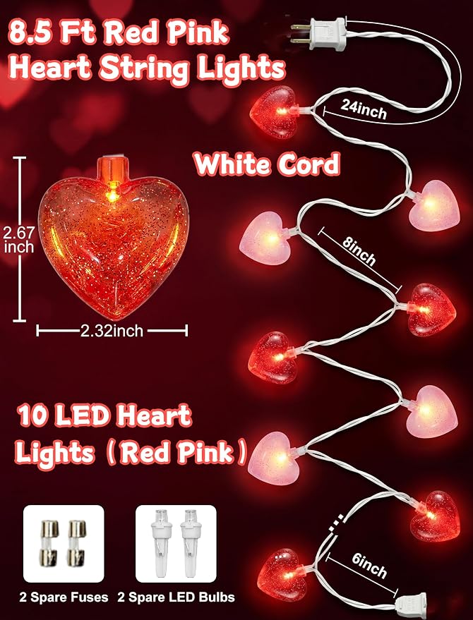 8.5 Ft Heart String Lights, Valentines Day Decorations Lights with 10 LED Glitter Red Pink Heart Lights, Plug in Fairy String Lights for Wedding Anniversary Party Valentine's Day