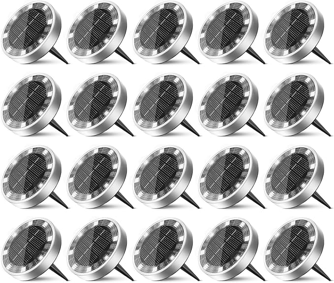 20 Pack Solar Ground Lights Outdoor, 8 LED Mini Flat Solar Disc Lights, IP65 Waterproof Pathway Lights Solar Powered, Landscape Lighting for Garden Walkway Driveway Yard Lawn,Cool White