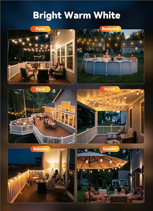 Minetom 53FT Outdoor String LED Patio Lights Waterproof,Shatterproof S14 Vintage Edison Bulbs,Commercial Grade Outside Hanging Lights Waterproof for Porch Deck Garden Backyard Balcony Cafe Bistro