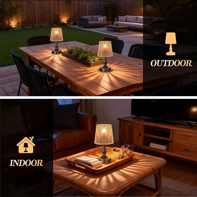 Mini Cordless LED Table Lamp, 5200mAh Rechargeable Battery Operated Lamp, 3-Level Brightness, Touch Dimmable Desk Lamp, Bedside Night Light with Rattan Shade, Oil Rubbed Bronze