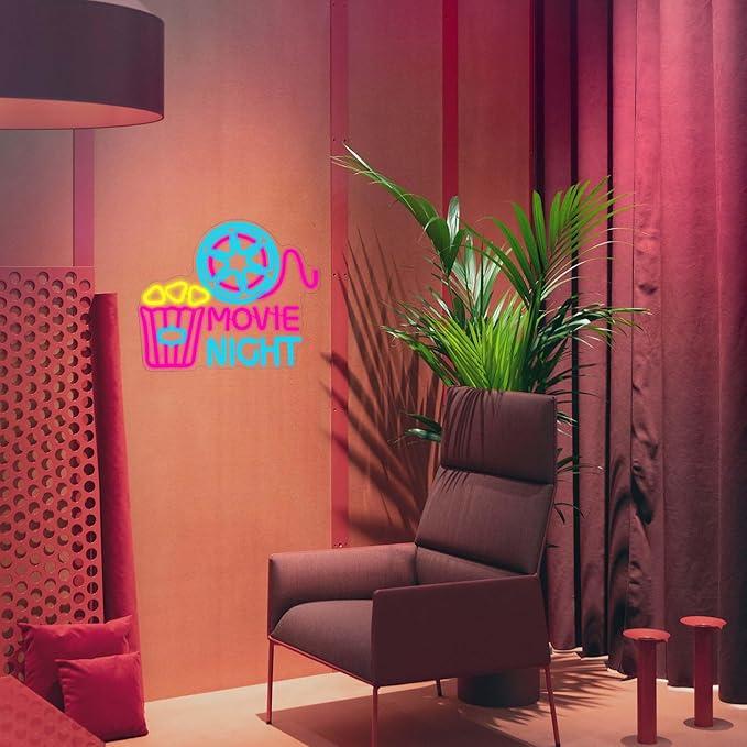 Movie Night With Popcorn Paper Box Neon Sign, Cinema LED Neon Light for Wall Decor, Movie Time Home Cinema Decor, Dimmable USB Neon Lights for Film Room Cinema Man Cave Party Birthday