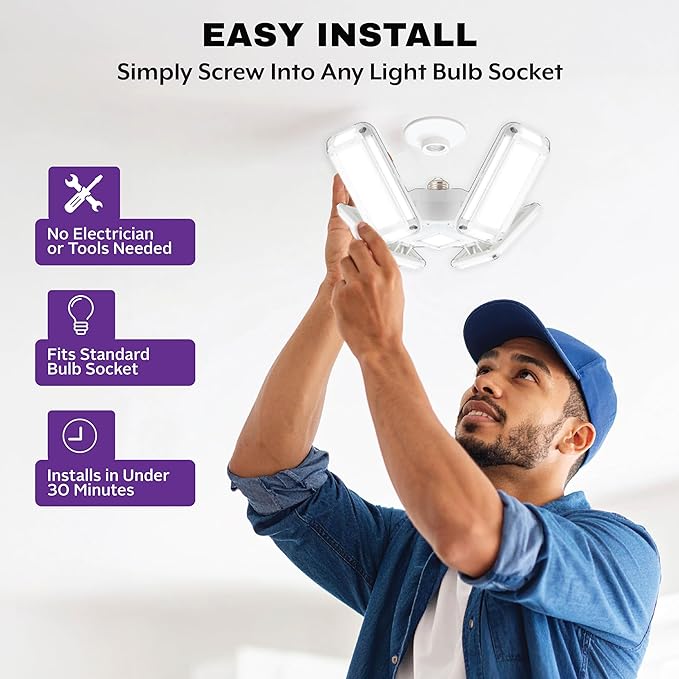 Bell+Howell HighBurst Ultra LED Garage Light Bulb – 10,000 Lumens, Super Bright Screw-in Ceiling Light - Adjustable Multi-Panel Design, for Garage, Shop, Basement, Attic – As Seen on TV