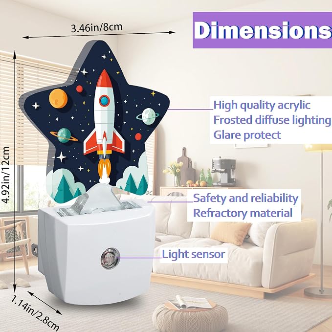 Cartoon Rocket Night Light for Kids,Space Planets Night Lights Plug Into Wall, Lightweight Dusk to Dawn Light Sensor Warm Nightlights for Girls Boys Bedroom Nursery Basement