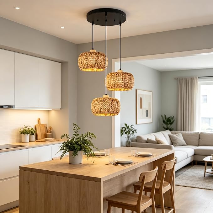 Natural Hand-Woven Basket Chandelier 3-Light Cluster Pendant Light Fixture Seagrass Rattan Shade Farmhouse E26 Base for Living Room Dining Room, Boho Light Fixtures