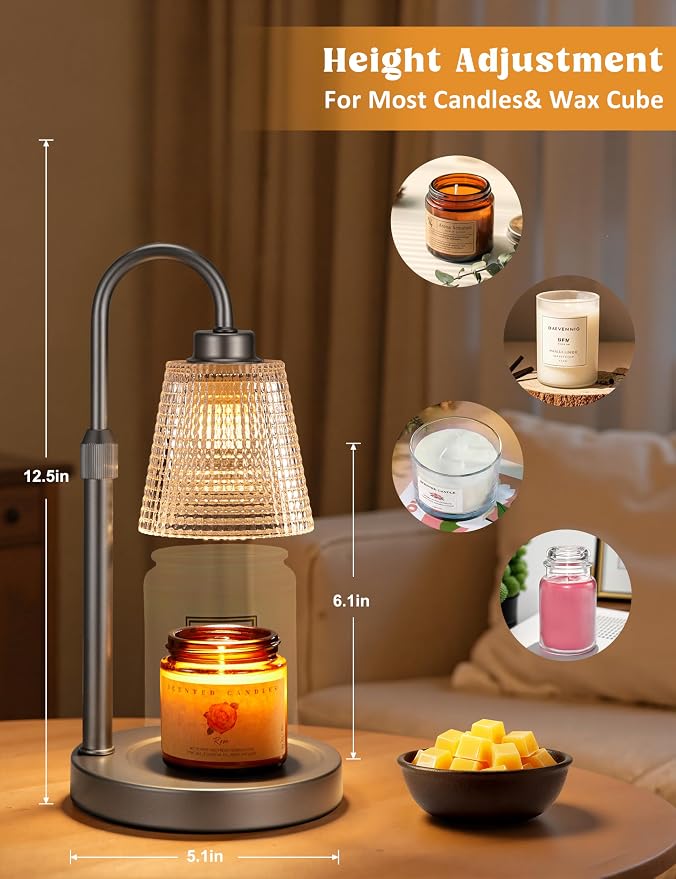 Innqoo Gray Candle Warmer Lamp with Timer, Dimmable Candle Warmer for Jar Candles, Height Adjustable Wax Melts Warmer, Birthday Gifts for Women Mom, House Warming Gifts New Home Decor