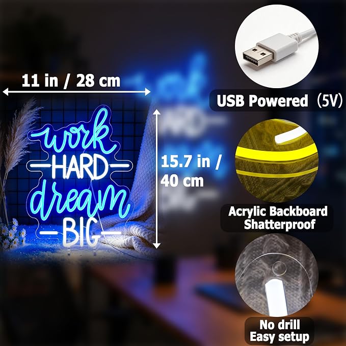 Positive Neon Lights Signs Neon Sign Led Sign Light for Wall Decor | Work Hard Dream Big Neon Sign for Room Decor,Positive Decoration,Motivational Wall Decor,Gift,5V USB Powered