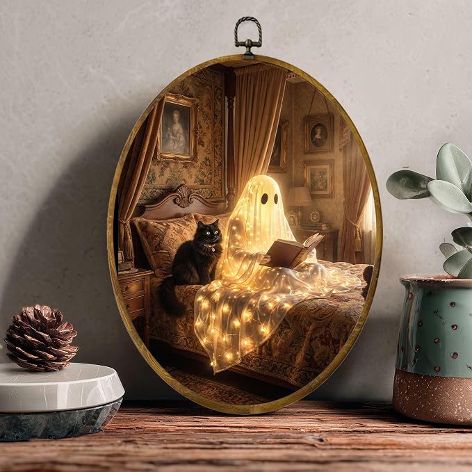 Glowing Ghost Black Cat Oval Wall Art, Framed Canvas Decor, 8.5x11.5 Inch | Reading ghost with black cat, glowing lights, vintage bedroom Halloween decor