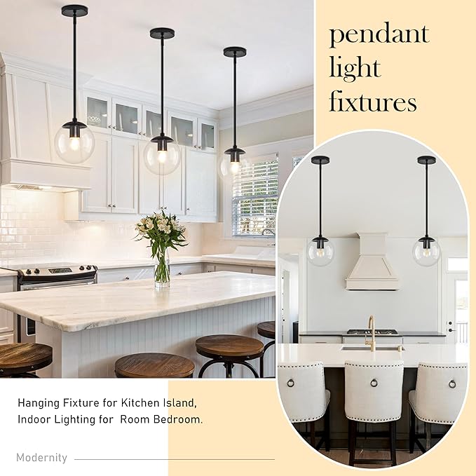 6" Globe Pendant Light Black 2 Pack Mid Century Pendant Light Globe Pendant Lights Kitchen Island Matte Black Finished with Clear Glass Adjustable Ceiling Light Fixtures for Dining Room Bar