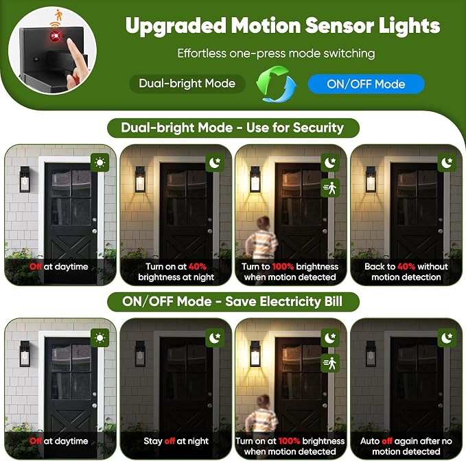 2-Pack 13” Upgraded Motion Sensor Outdoor Wall Lights, Black | Auto ON/OFF, 3 Lighting Modes, Waterproof, Rust-Resistant, Durable Metal & Clear Glass, Standard E26 Sockets, Easy to Install