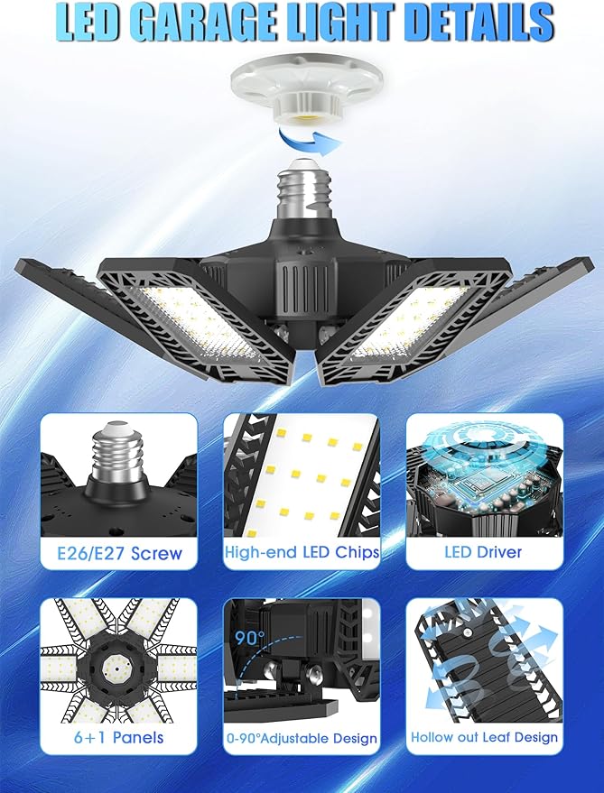 8 Pack LED Garage Light - 180W 18000LM 6500K Shop Lights, Garage Lights Ceiling LED with 6 Deformable Panels, Screw in E26/E27 Bulb Socket Lighting for Workshop Basement Barn Gym Warehouse