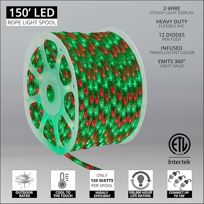 Wintergreen Lighting 150' Red and Green LED Rope Light, Christmas Outdoor Light Décor - LED Rope Lighting, 120V, ½ Inch, 2-Wire - Rope Light Clips and Power Cord Included