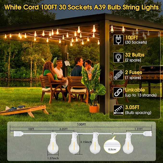 100FT Outdoor String Lights, Patio Light with 32 A39 Bulbs, White | Plug in, Dimmer not included, Waterproof, Shatterproof, Extendable, LED Hanging Lamp for Wedding Engagement Birthday Party