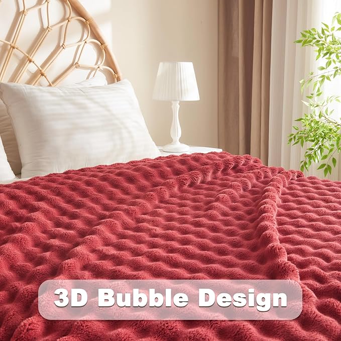 NEWCOSPLAY Throw Blanket for Couch Red Super Soft Flannel Fleece 3D Bubble Lightweight Bed Blanket All Season Use (Red, Throw(50"x60"))