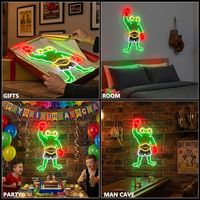 HAJAE Frog Neon Sign, Dimmable Boxing Frog Champion LED Light Wall Decor - Funny Muscular Frog Gifts for Men Boys Kids, Wrestling Birthday Party Decorations, Gym Man Cave Room Neon Light