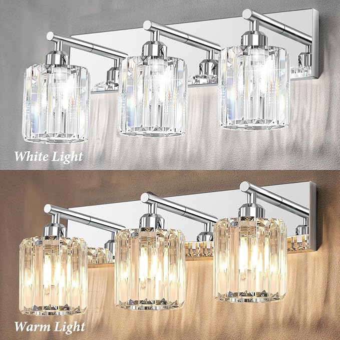 Brushed Chrome Crystal Bathroom Vanity Light, 3-Light Modern Bathroom Lighting Fixtures Over Mirror,Chrome Wall Sconce Light Fixtures with Round Shade