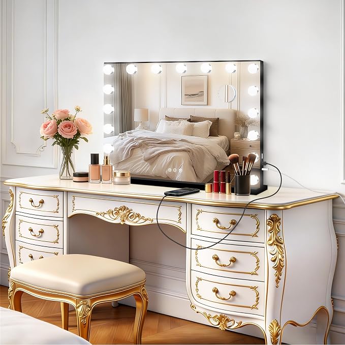 Moonee Vanity Mirror with Lights, Black Hollywood Lighted Makeup Mirror with 17 Dimmable Bulbs and 10X Magnification, 3 Colors Modes, Aluminum Metal Frame, Light Up Mirror for Tabletop/Wall（28" x 20"）
