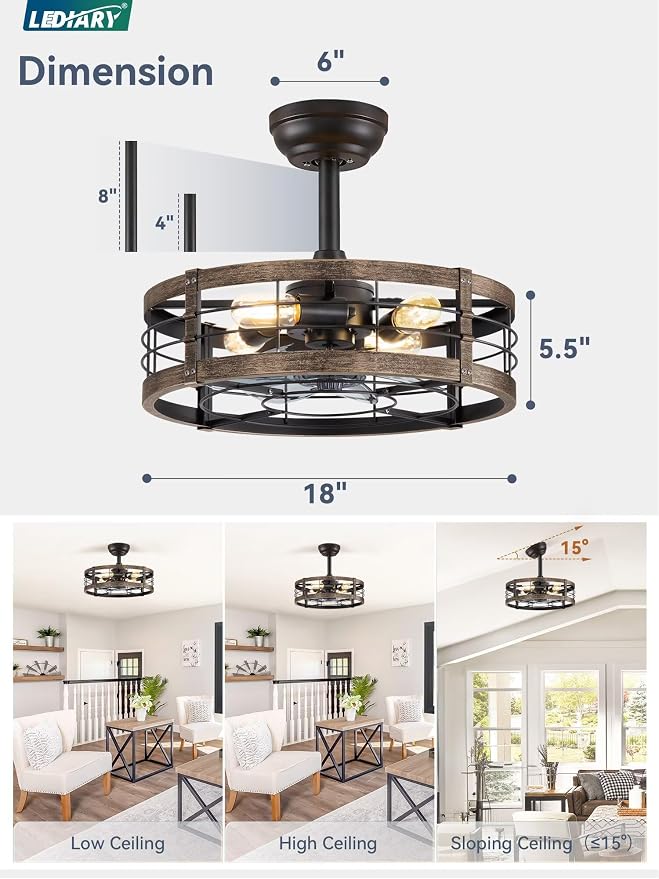 LEDIARY 18 inch Caged Fandelier Ceiling Fan Light with Remote, Black Gold | 6 Speed Adjustable,Timing, Quiet & Powerful DC, Small, Farmhouse, Industrial, Enclosed, Bladeless, Bedroom, Kitchen, Downrod