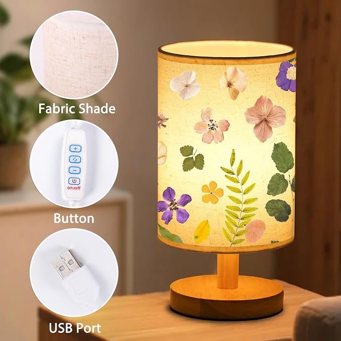 WSYEAR Flowers Table Lamp LED 3-Color Pressed Flower Bedside Lamp Linen Shade with Wood Base for Bedroom Living Room Desk Office