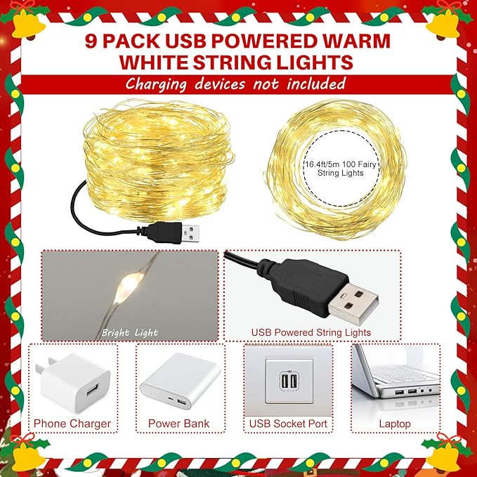 Macarrie 9 Pcs Warm White Fairy Lights USB Powered 16 ft 50 LED String Lights Plug in for Indoor Outdoor Bedroom DIY Party Wedding Home Festival Tree Garden Xmas Decoration