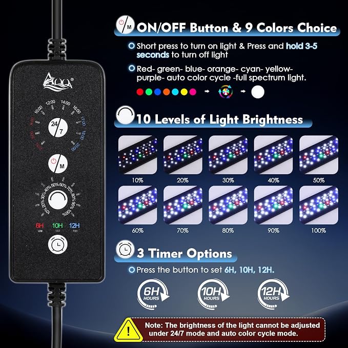 AQQA LED Aquarium Light, 24/7 Mode High Lumen Full Spectrum Fish Tank Light | DIY Mode, Adjustable Timer/Brightness, Extendable Bracket, Memory Function, IP68 Waterproof, Fits for 48–55 Inch Tanks