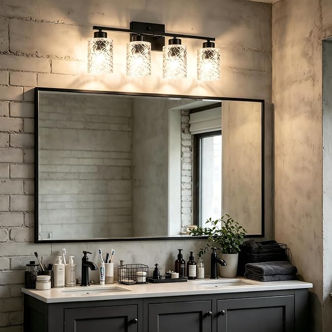4-Light Bathroom Light Fixtures, Black Vanity Lights Over Mirror | Wall Sconces with Clear Textured Glass Shades for Living Room Bedroom Hallway,E26 Base (Bulbs Not Included)