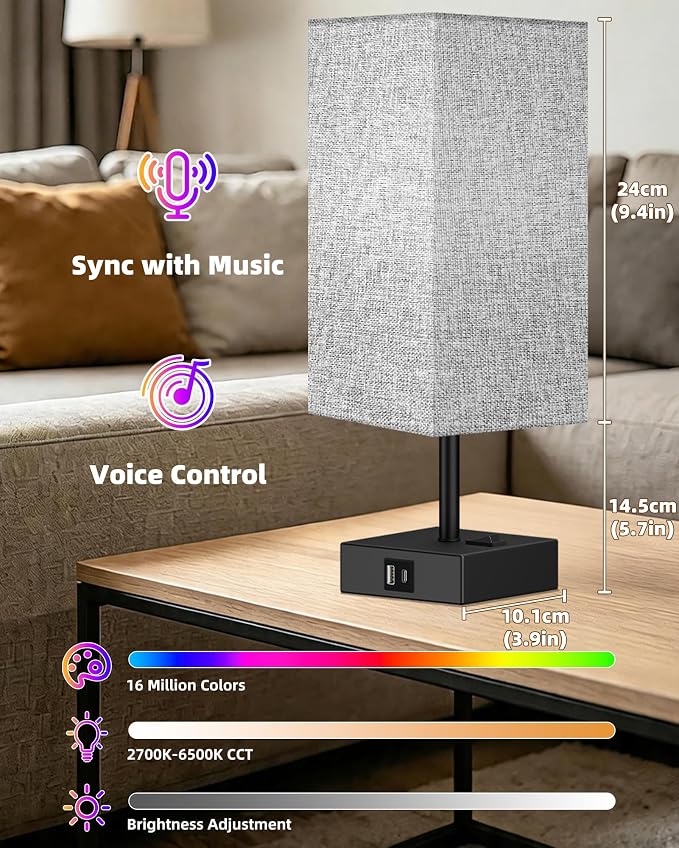 Set of 2 Smart RGB Dimmable Table Lamp Work with Alexa&APP&Remote Control | Bedside Desk Lamp with Charging Ports&Phone Stand, Music Sync Nightstand Lamp for Bedroom Living Room Office Dorm, Gray
