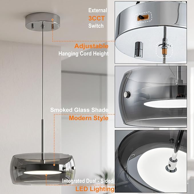 3-Modern Pendant Lights Kitchen Island, Dual-Sided LED 3-CCT Dimmable Smoked Glass Hanging Lighting Fixture, Adjustable Cable for Dining Room, Bar, Over Table, Sloped Ceiling Chrome Silver