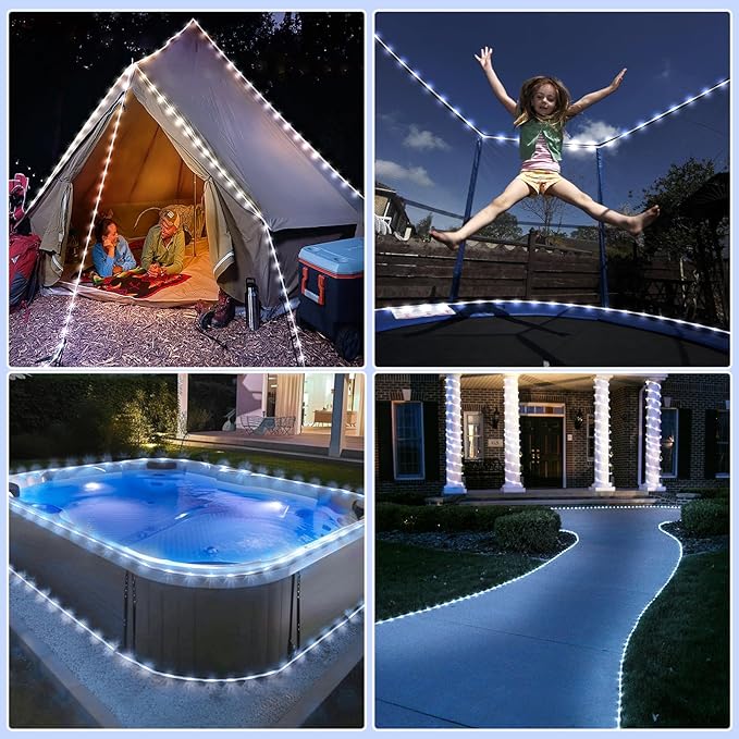 Solar Rope Lights Outdoor Waterproof, 33FT 135 LED Solar String Lights for Outside, White 8 Modes Solar Powered Fairy Light for Pool Trampoline Backyard Patio Tree Party Decorations, White