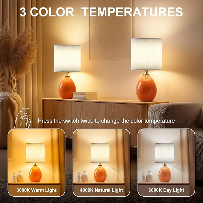 18.5" Table Lamp Set of 2 for Living Room Bedroom, Bedside Lamps for Night Stands, Desk Nightstand Lamp Dimmable, Modern Linen Cream Ceramic Lamps (Orange)