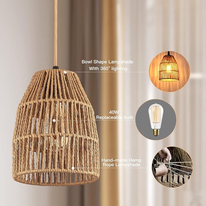 Plug in Pendant Light, Hanging Lights with 15ft Golden Cotton Cord & Stepless Dimming Switch, Handwoven Hemp Rope Lampshade, Boho Hanging Lamp for Bedroom,Hallway (Bulb & 2 Swag Hooks Included)