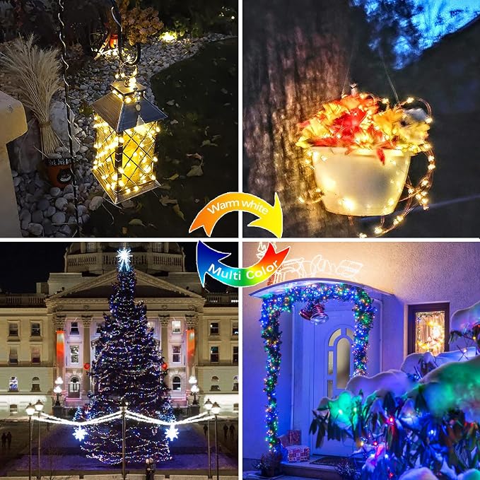 Solar Christmas String Lights Outdoor 2Pack 200LED, Warm White ⇋ Multicolor | Fairy Lights Waterproof, 8 Modes, Memory, Auto On/Off, Copper Wire Twinkle Lights for Outside Garden Tree Christmas Decor