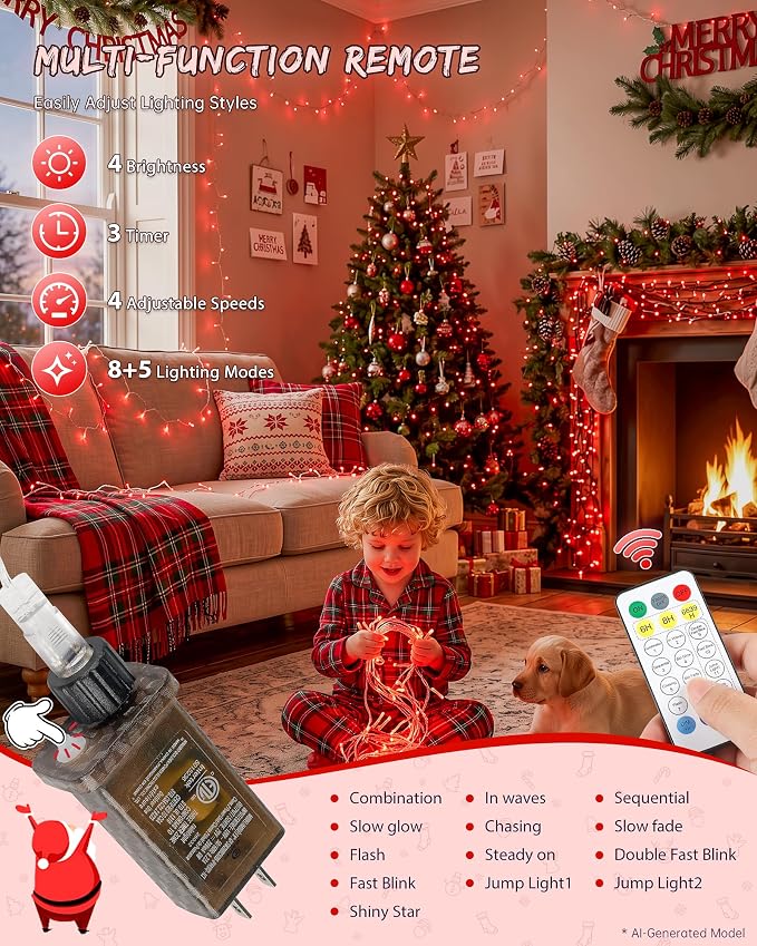 33FT 100 LED Red Christmas Valentine's Day Twinkle String Lights | Remote Control, 13 Modes with Memory, 4 Dimmable Brightness, 4 speed levels, Connectable, IP65 Waterproof, Transparent Wire