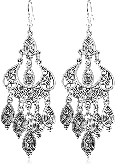 Unique Bohemian Vintage Bronze Chandelier Teardrop Flower Geometry Dangle Drop Earrings For Women