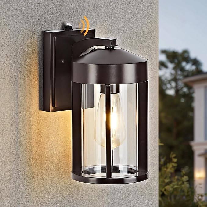 Dusk to Dawn Outdoor Lights Fixture Wall Mount–Geometric Industrial Coffee-Bronze Exterior Wall Sconce, Waterproof Anti-Rust with Photocell Sensor Outside Porch Light for House Patio Entryway Garage