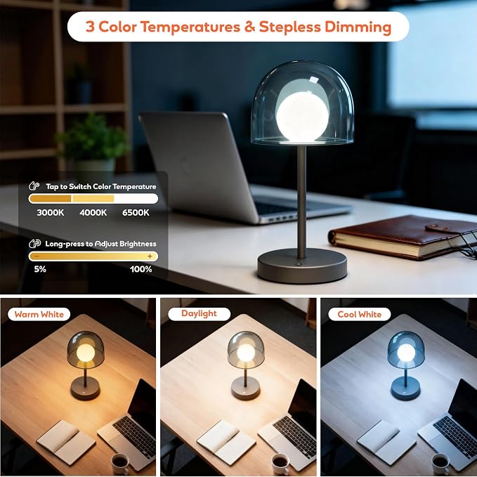 LED Modern Lamp, Small Mushroom Lamp Cordless, Unique Decor Light | Rechargeable Mushroom Desk Lamp Dimmable, IP44 Bathroom Lamp Countertop, Mini Bedside Wireless Lamp for Living Room (Grey)