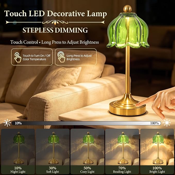 Set of 2 Vintage Cordless Green Glass Tulip Table Lamps, Accent Light