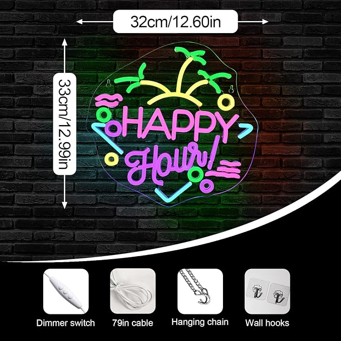 Happy Hour Neon Sign LED Neon Light Bar Wall Decor Home Bar | Drink Theme Light Up Sign for Pubs, Game Rooms & Man Caves, USB Powered LED Wall Decor, Adjustable Brightness