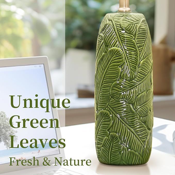 25" Green Ceramic Table Lamps for Living Room Set of 2 with Leaves Design | Retro Bedroom Nightstand Lamps, End Table Lamps, Farmhouse Home Decor Lamps, Green Lamps with White Shade, Premium Ceramic