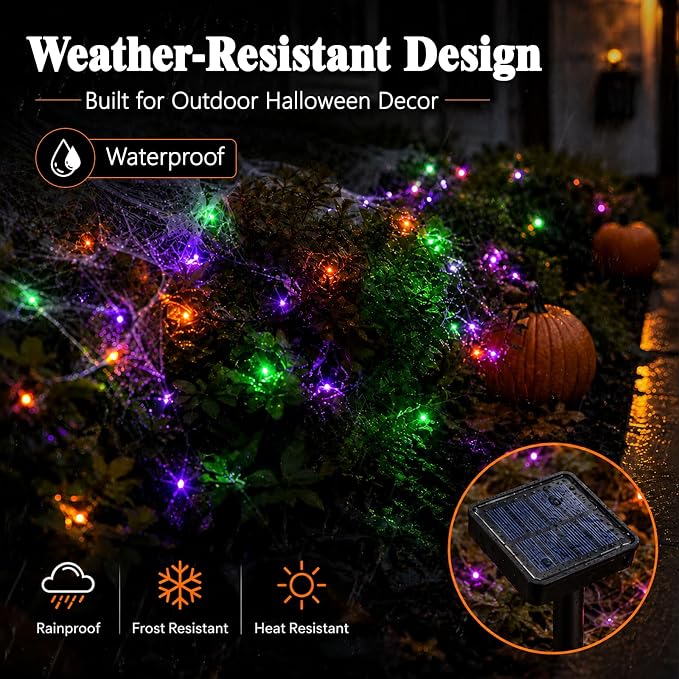 cshare Halloween Solar Fairy Lights 2 Pack 16.4FT 50LED Each, Orange Purple Green Halloween Lights Waterproof Outdoor Black Wire String Lights for Yard Porch Garden Fence Tree Decor