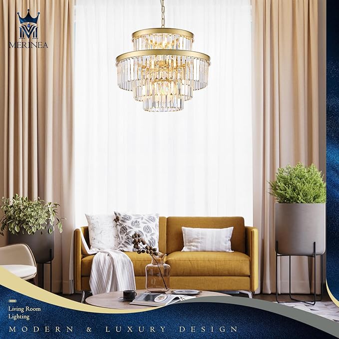 Modern Gold Crystal Chandeliers 15 Lights 4-Tier Luxury K9 Crystal Lighting 22" Round Ceiling Pendant Light Fixture for Living Room Dining Room Bedroom Kitchen Foyer