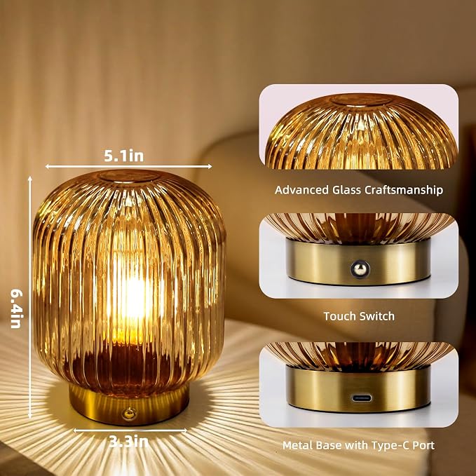 MJ PREMIER Rechargeable Table Lamp, Yellow Glass Lamp with Memory Function, Small Cordless LED Lamp with Dimmable Brightness, Decorative Touch Lamps for Bedroom Living Room (Yellow)