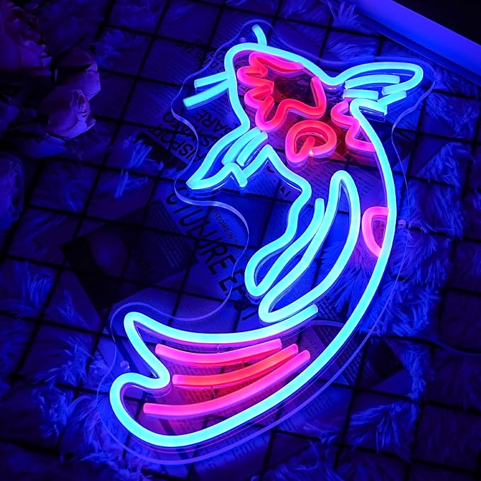 Koi Fish Neon Sign - Japanese Carp LED Neon Lights in Blue & Red, Lucky Fish Wall Decor 17"x9.5" with USB/Switch Dimmable for Bar, Restaurant, Office, Fishroom, Koi Pond