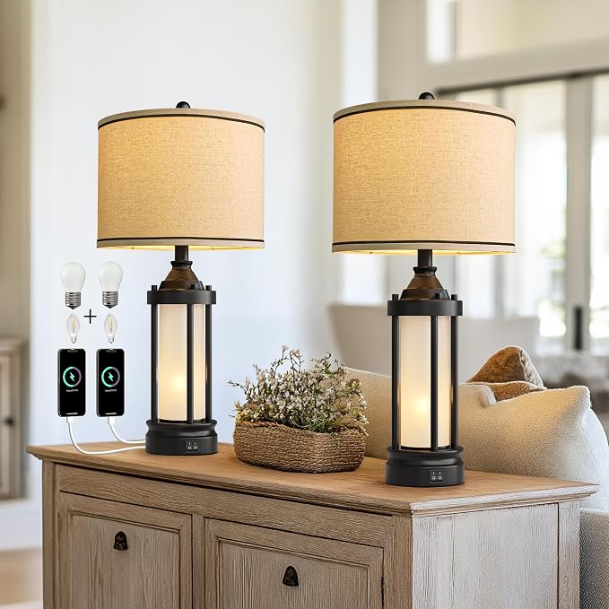25'' Table Lamps for Bedroom Living Room Lamps Set of 2 Farmhouse Nightstand Bedside Lamps with USB Ports, Built-In Frosted Glass Night Light Industrial Metal Night Stand Lamp, Bulbs Included, Black