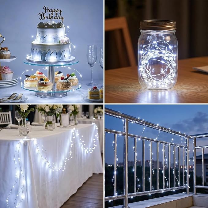 2 Pack Battery Operated LED Fairy Lights with Remote, 33ft 100LED Waterproof Silver Wire Starry Lights with Reel for Wedding Party Christmas Decor, White