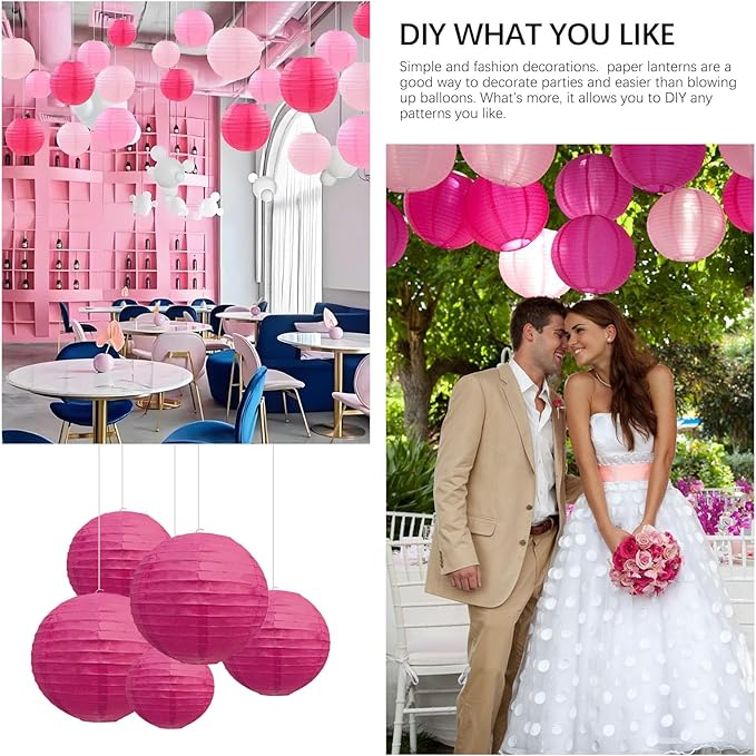 20Pcs Fuchsia Paper Lanterns for Parties, 6” 8” 10” 12” Chinese Asian Hanging Round Paper Lanterns for Birthday Wedding Halloween Christmas Home Decor Party Decor