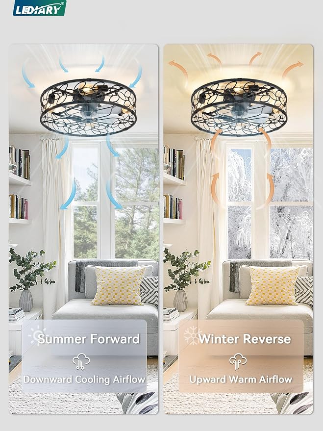 LEDIARY 23" Caged Ceiling Fan with Light, Flush Mount Fandalier with Remote | Low Profile, Farmhouse Large, Bladeless Industrial, Quiet DC Motor, App Control for Bedroom, Kitchen, Dining Room, Black